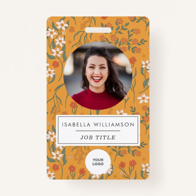 Pretty Yellow Floral Employee Photo ID Template Badge (Front)