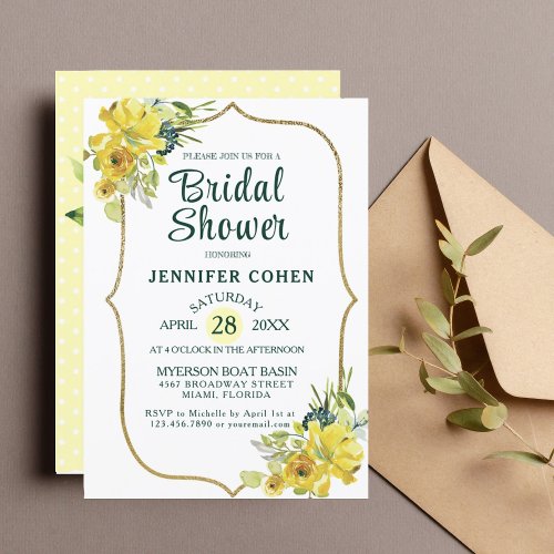 Pretty Yellow Floral Gold Bouquet Bridal Shower Invitation