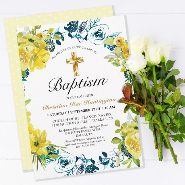 Pretty Yellow Floral Gold Cross Baptism  Invitation (Creator Uploaded)