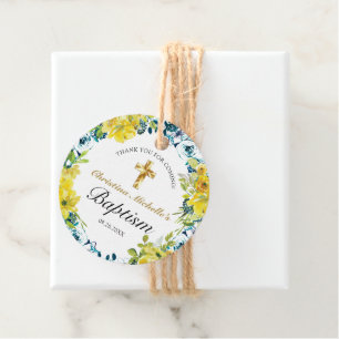 Pretty Yellow Floral Gold Cross Baptism Reception Favor Tags