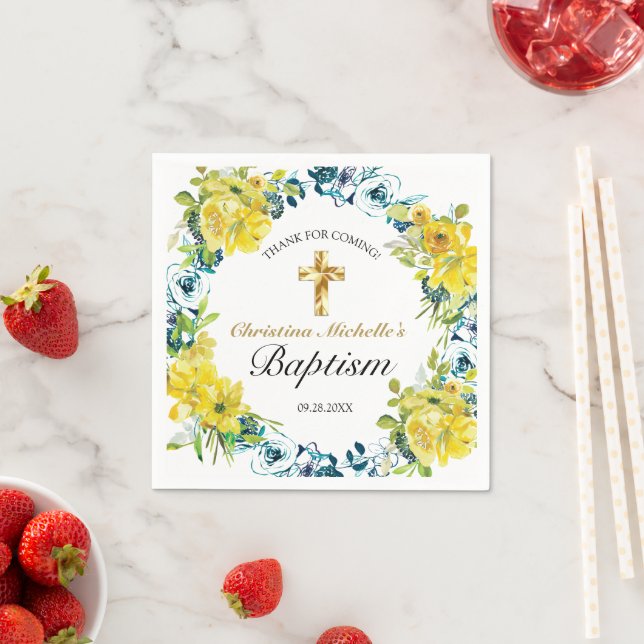 Pretty Yellow Floral Gold Cross Baptism Reception Napkins (Insitu)