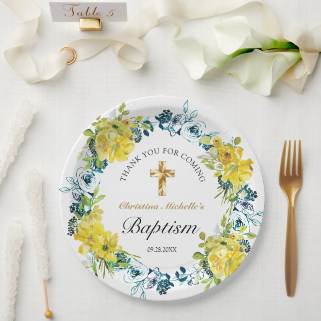 Pretty Yellow Floral Gold Cross Baptism Reception Paper Plates (Wedding)