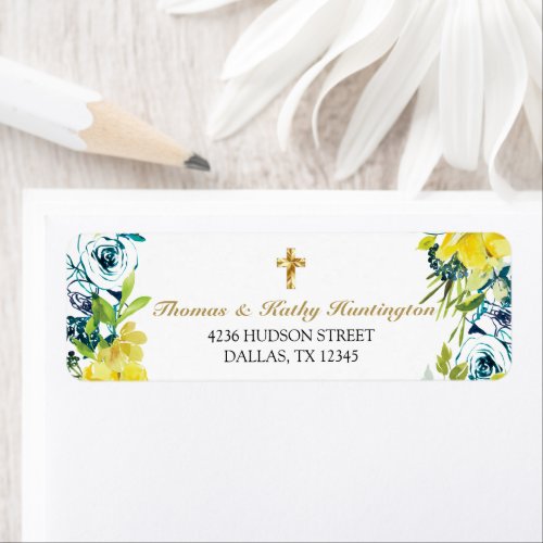 Pretty Yellow Floral Gold Cross Baptism Return Label