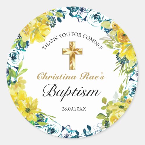 Pretty Yellow Floral Gold Cross Baptism Thank You Classic Round Sticker