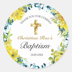 Pretty Yellow Floral Gold Cross Baptism Thank You Classic Round Sticker