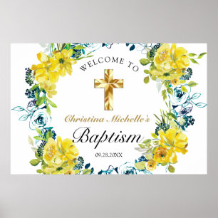 Pretty Yellow Floral Gold Cross Baptism Welcome Poster
