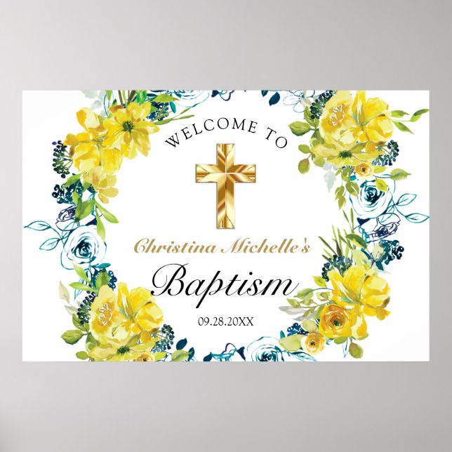 Pretty Yellow Floral Gold Cross Baptism Welcome Poster (Front)