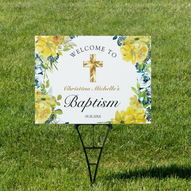 Pretty Yellow Floral Gold Cross Baptism Welcome  Sign (Insitu)