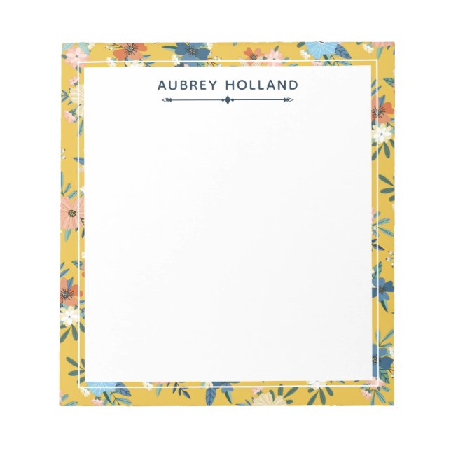 Pretty Yellow Floral Pattern Add Name Notepad (Front)
