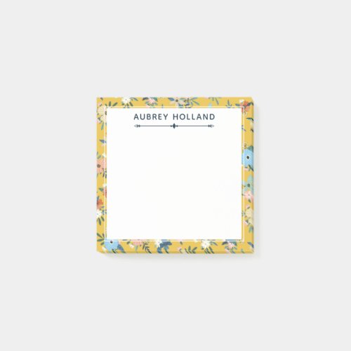 Pretty Yellow Floral Pattern Add Name Post-it Notes