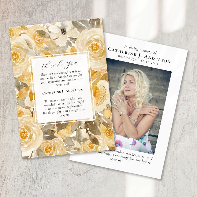 Pretty Yellow Floral Photo Sympathy Funeral Thank You Card (Creator Uploaded)