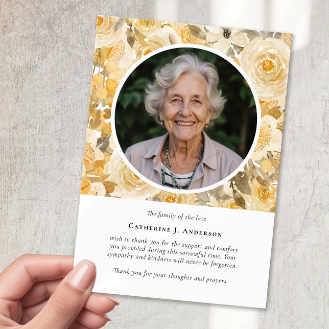 Pretty Yellow Floral Photo Sympathy Funeral Thank You Card (Creator Uploaded)