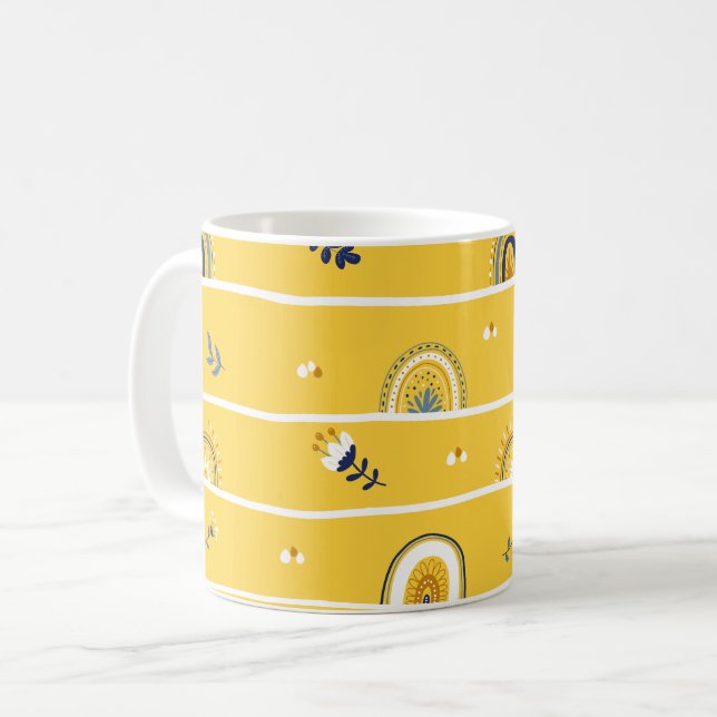 Pretty Yellow Floral Rainbow Pattern Coffee Mug (Front Left)