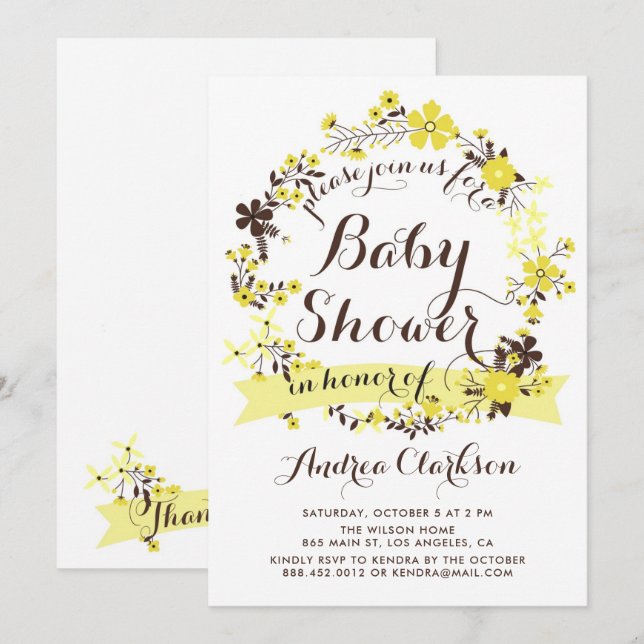 Pretty Yellow Floral Wreath Baby Shower Invitation (Front/Back)