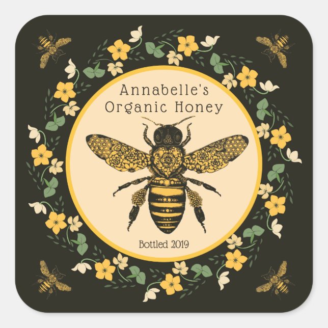 Pretty Yellow Flower Frame Honey Label (Front)
