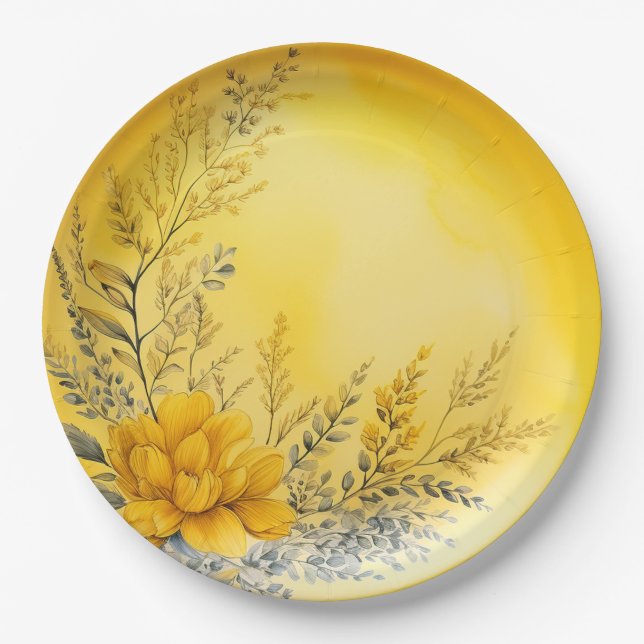 Pretty Yellow Flowers Ferns Greenery Paper Plates (Front)