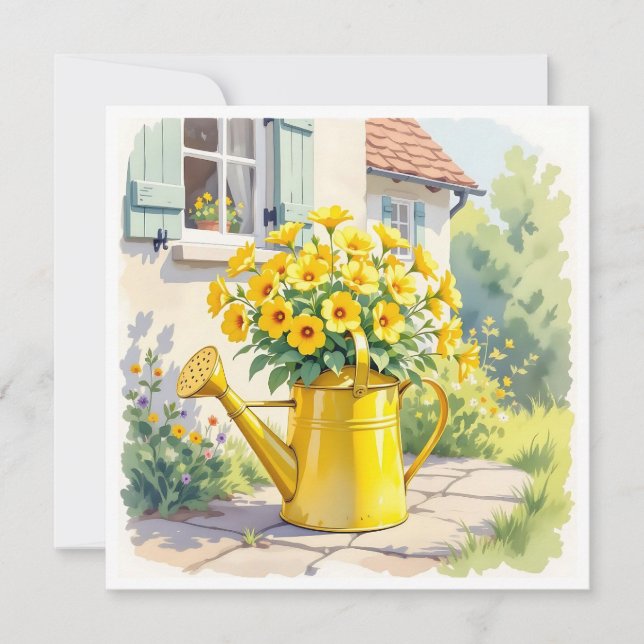 Pretty Yellow Flowers in Watering Can Card (Front)