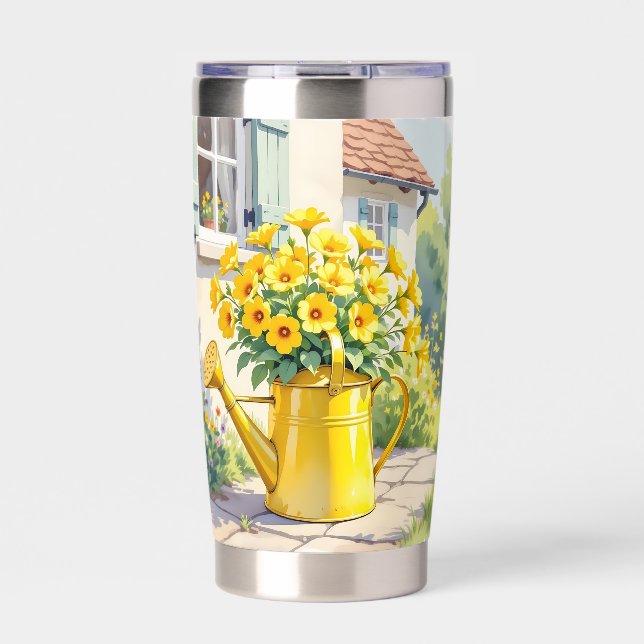 Pretty Yellow Flowers in Watering Can Insulated Tumbler (Front)