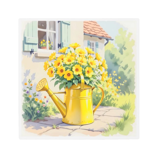 Pretty Yellow Flowers in Watering Can   Metal Print (Front)