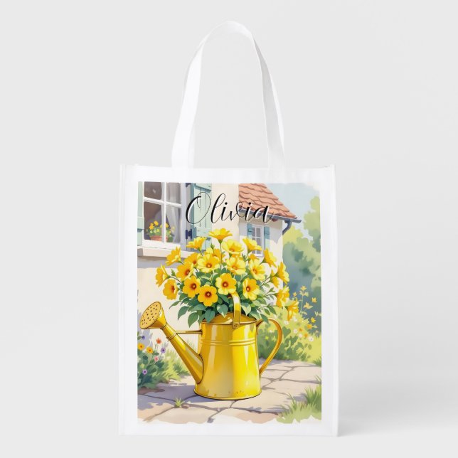Pretty Yellow Flowers in Watering Can Personalized Grocery Bag (Front)