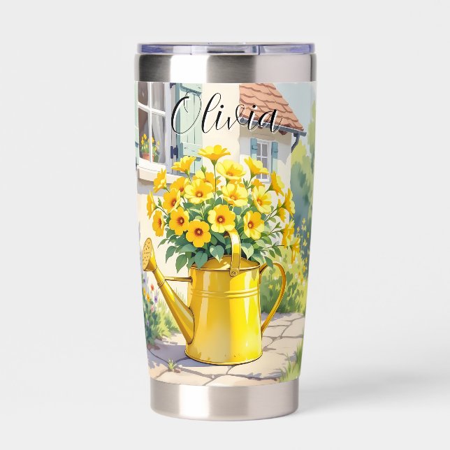 Pretty Yellow Flowers in Watering Can Personalized Insulated Tumbler (Front)