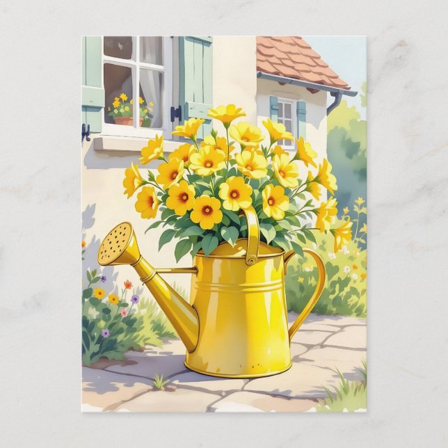Pretty Yellow Flowers in Watering Can Postcard (Front)