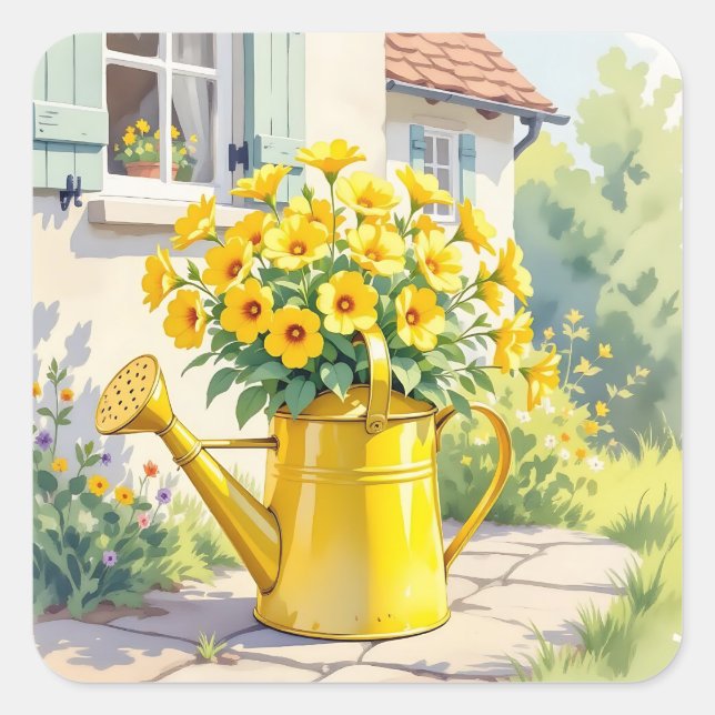 Pretty Yellow Flowers in Watering Can Square Sticker (Front)