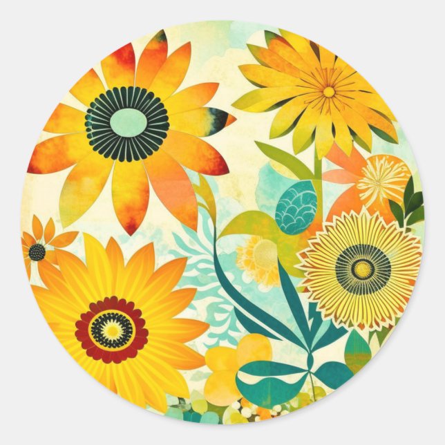 Pretty Yellow Flowers Whimsical Folk Art Classic Round Sticker (Front)