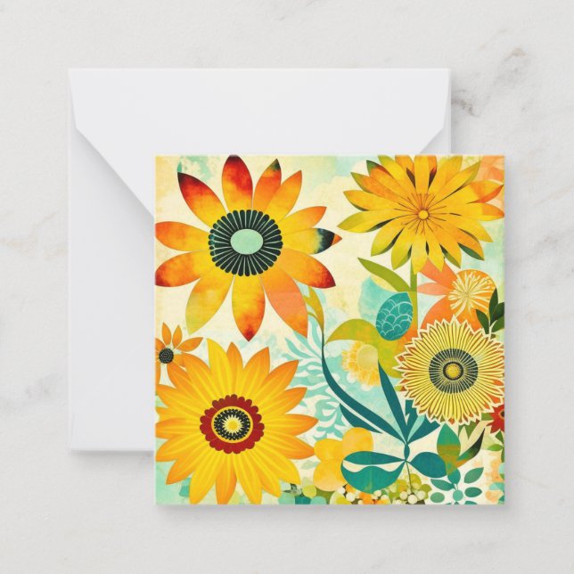 Pretty Yellow Flowers Whimsical Folk Art Note Card (Front)
