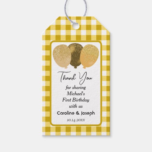 Pretty Yellow Gingham 3 Glitter Balloons Birthday Gift Tags