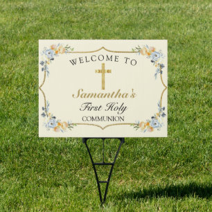 Pretty Yellow Gold Cross 1st Communion Welcome Sign