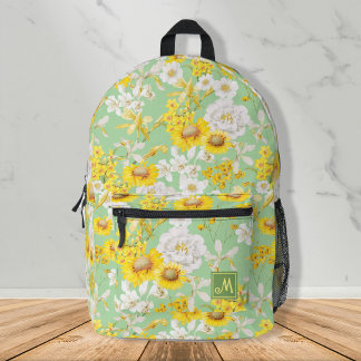 Pretty Yellow Green Floral Pattern Monogram Girl Printed Backpack