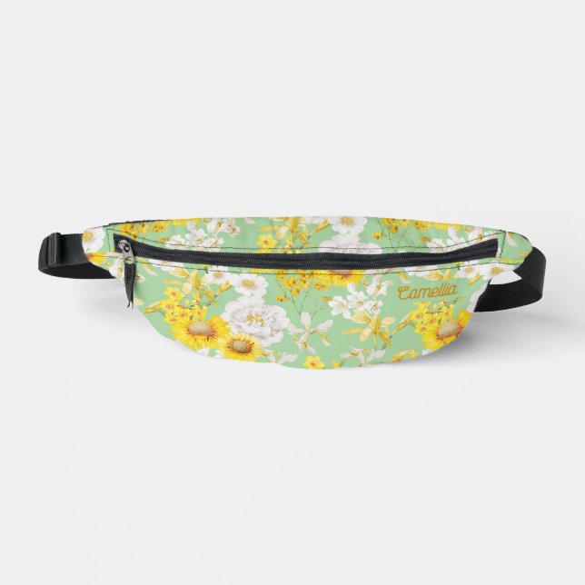 Pretty Yellow Green Floral Pattern Name Custom Fanny Pack (Front)