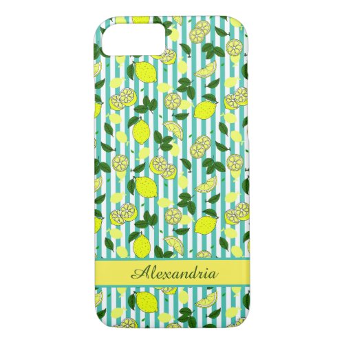 Pretty Yellow Lemons on Teal Blue Stripes iPhone 87 Case