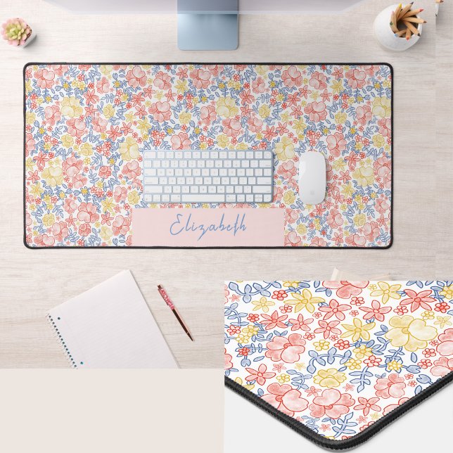 Pretty Yellow Orange Floral Custom Name Desk Mat (Creator Uploaded)