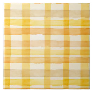 Pretty Yellow, Orange Watercolor Check Pattern Ceramic Tile