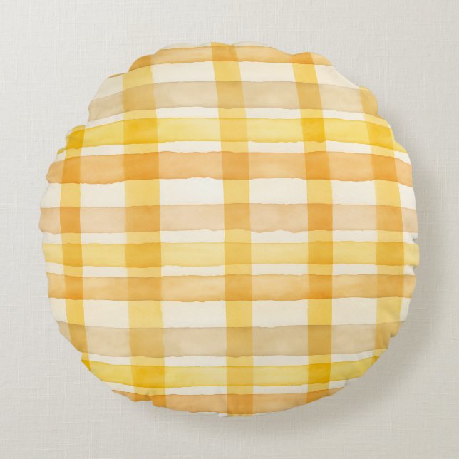 Pretty Yellow, Orange Watercolor Check Pattern Round Pillow (Front)