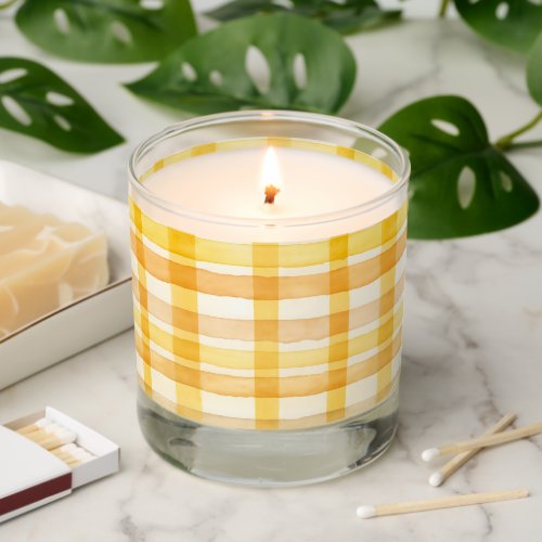 Pretty Yellow Orange Watercolor Check Pattern Scented Candle