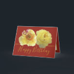 Pretty Yellow Peonies Chic Floral Bouquet Birthday Card<br><div class="desc">Beautiful large yellow peonies form a beautiful floral bouquet against a red color background. The birthday greeting text uses an attractive script typography font. The flowers cover the front of this card which can be used as a thank you card, a birthday card, or any other card of your choice....</div>