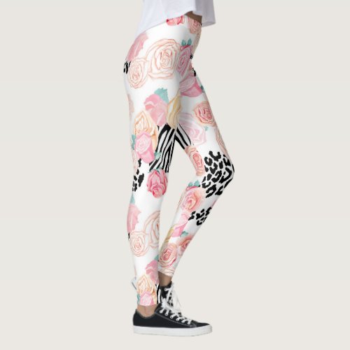 Pretty Yellow Pink Floral Animal Print Leggings