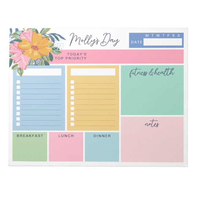 Pretty Yellow Pink Flowers Your Day To Do Lists Notepad (Front)