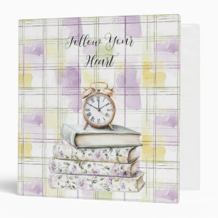 Pretty Yellow Purple Floral Books Alarm Clock 3 Ring Binder