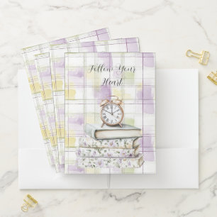 Pretty Yellow Purple Floral Books Alarm Clock Pocket Folder