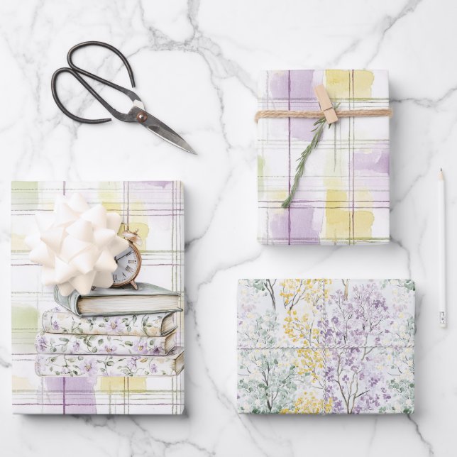 Pretty Yellow Purple Floral Books Clock Birthday Wrapping Paper Sheets (Front)