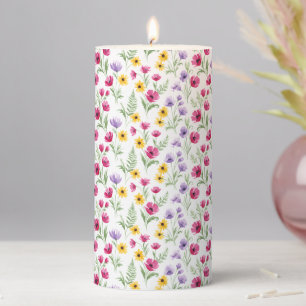 Pretty Yellow, Purple, Pink Floral Watercolor Pillar Candle
