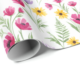 Pretty Yellow, Purple, Pink Floral Watercolor Wrapping Paper