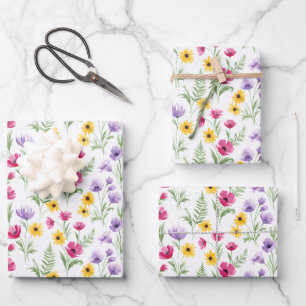 Pretty Yellow, Purple, Pink Floral Watercolor Wrapping Paper Sheets