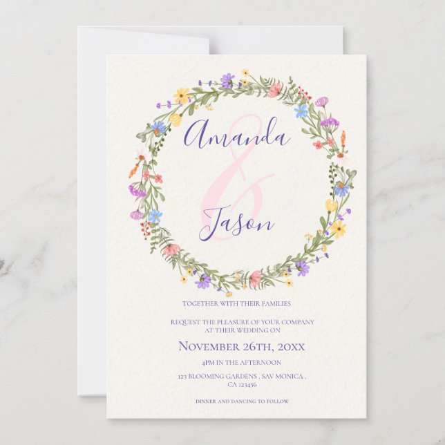 Pretty Yellow Purple Wildflowers Wreath Wedding  Magnetic Invitation (Front)