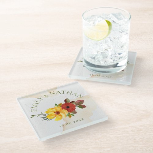 Pretty Yellow Red Watercolor Rustic Floral Wedding Glass Coaster