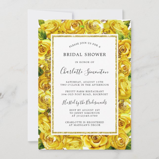 Pretty Yellow Rose Floral Bridal Shower Invitation (Front)